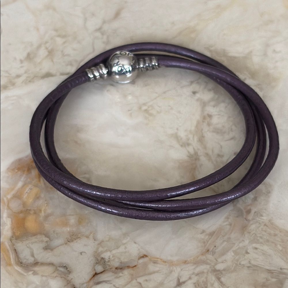 Pandora Smooth Triple Wrap Purple Leather & Sterling Silver Bracelet - 24” Rare